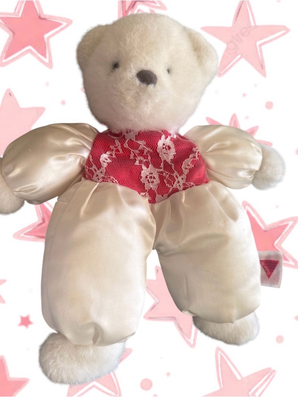 Dakin Vintage 1990 Red Lace White Satin Pillow Teddy Bear Plush 12” Korea